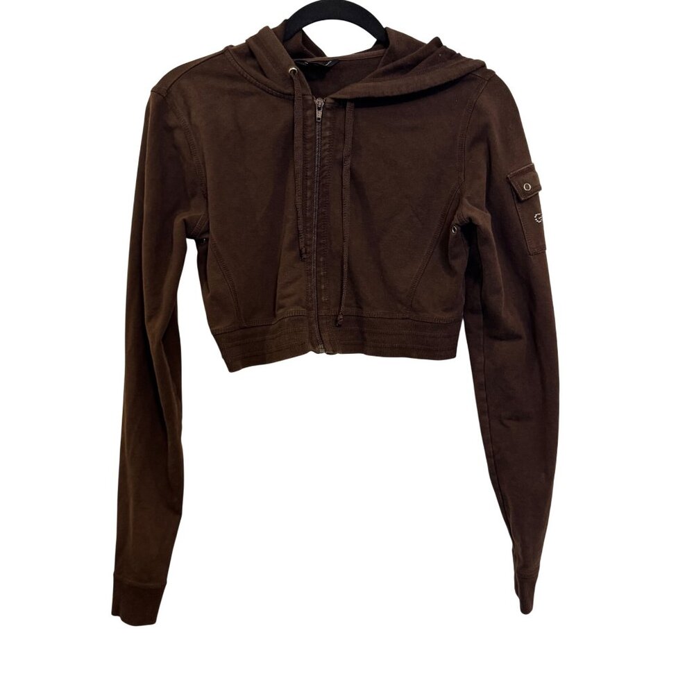 Vintage Guess Jeans Womens Brown Cropped Hoodie Rhinestone Detail Size L